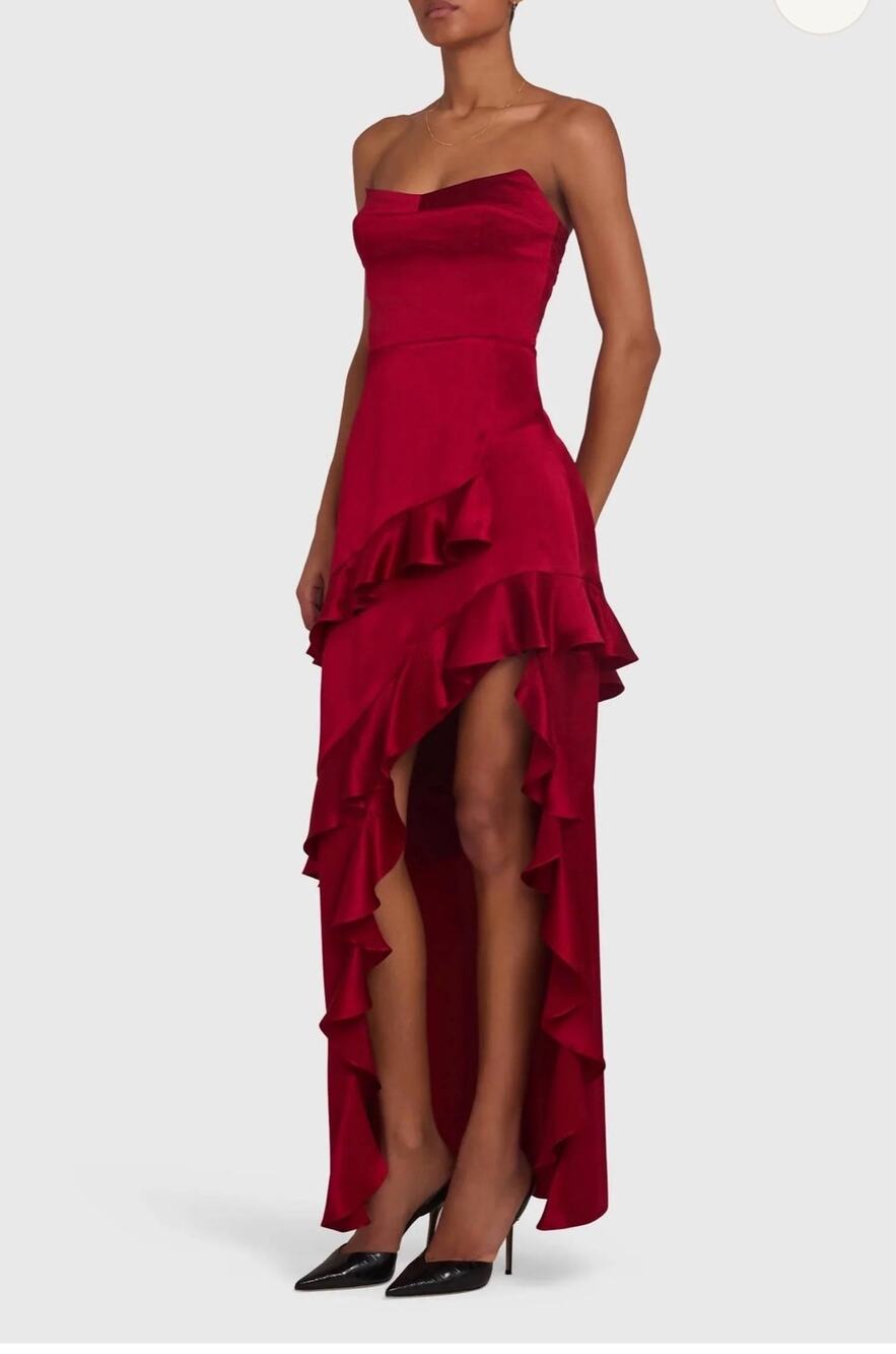 Amanda Uprichard Crimson Romance Silk Ruffle High-Low Maxi Dress XS